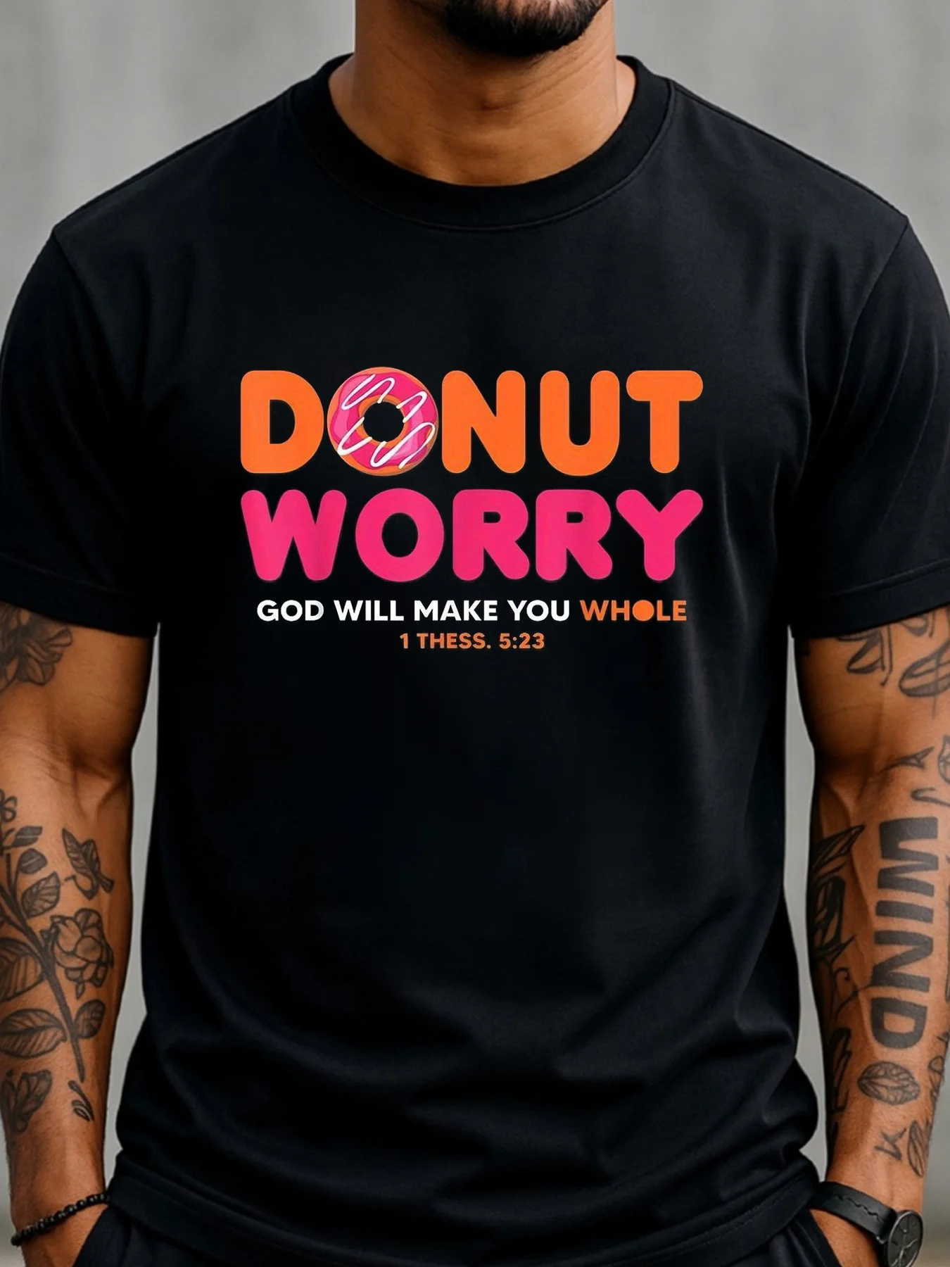 Black T-shirt with Donut Worry Design | Inspirational Text 