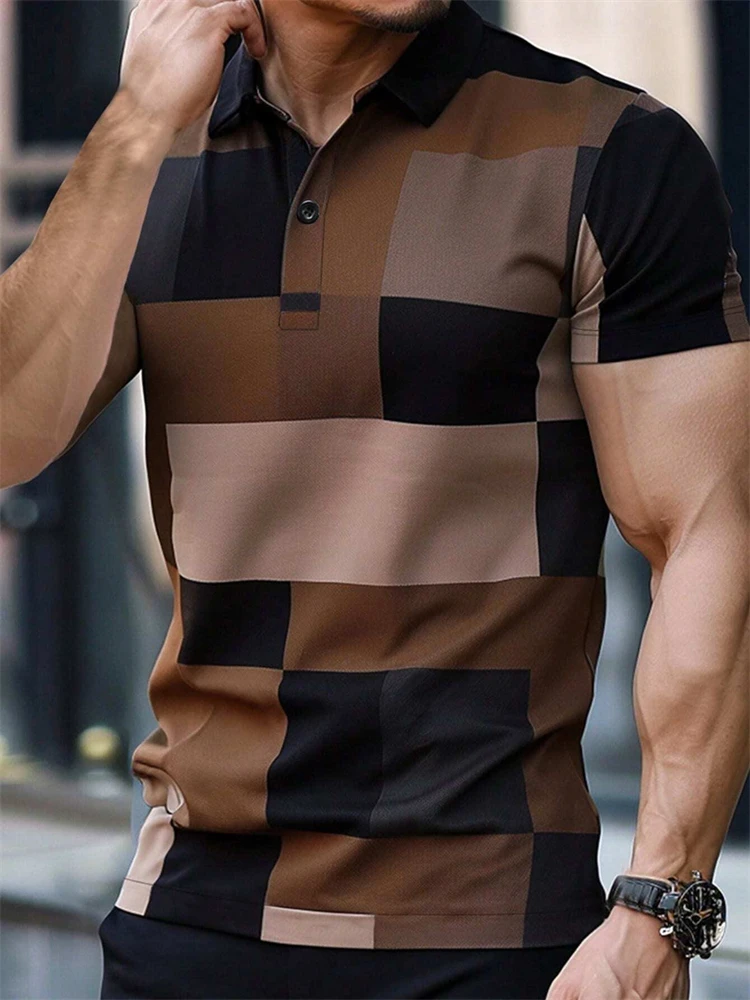 Stylish and Elegant Harajuku-Style Slim-Fit Men's Clothing Relaxed Casual and Versatile Checkered Men's Polo Shirt with Buttons