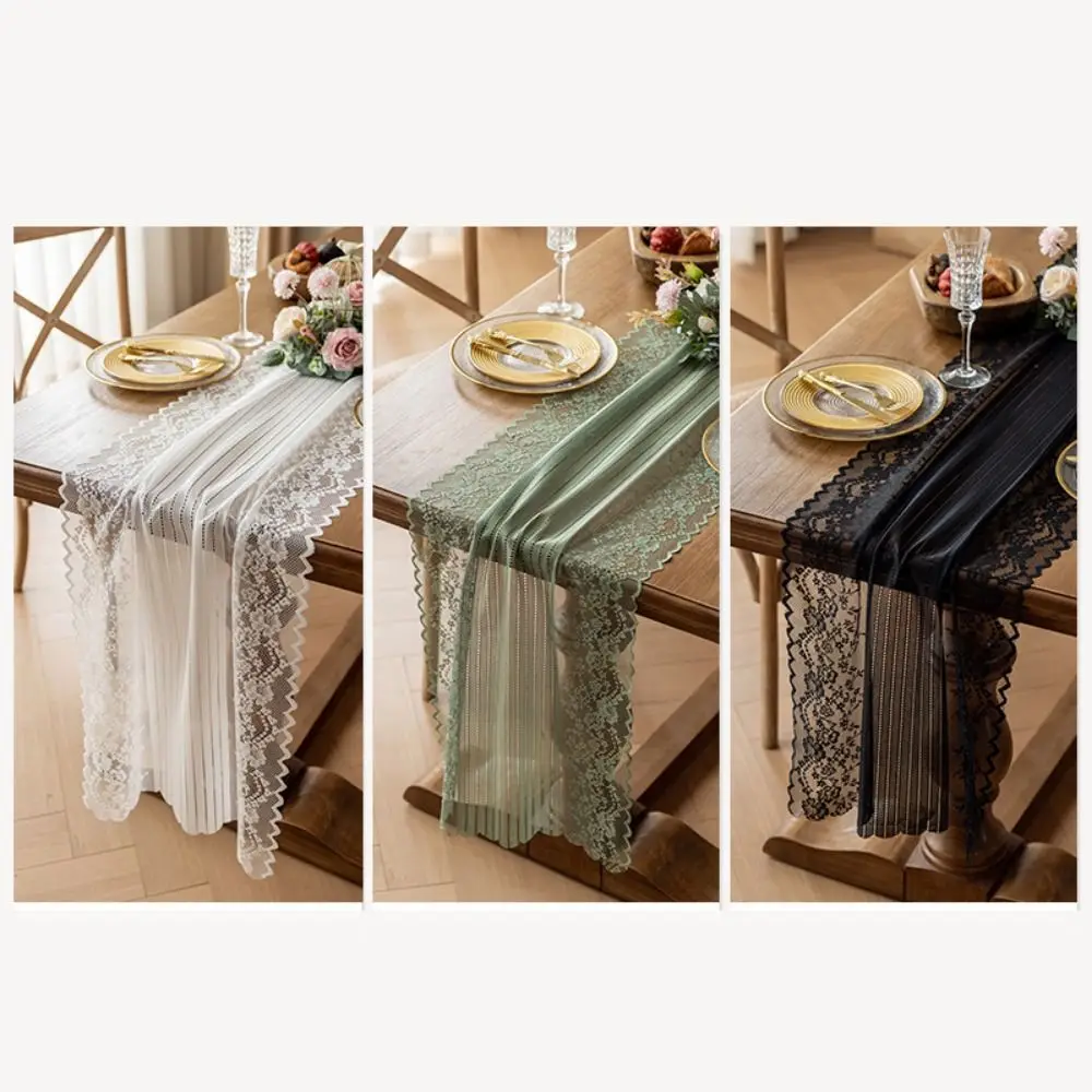 

Hollowed Out Lace Jacquard Table Runner French Romantic Floral Embroidered Table Doilies Table Ornament Semi-Sheer
