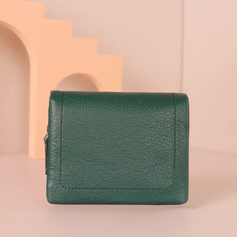 Cartera cuadrada corta de cuero auténtico para hombre y mujer, cartera fina multifuncional de gran capacidad con clip de recogida suave y hebilla con cremallera