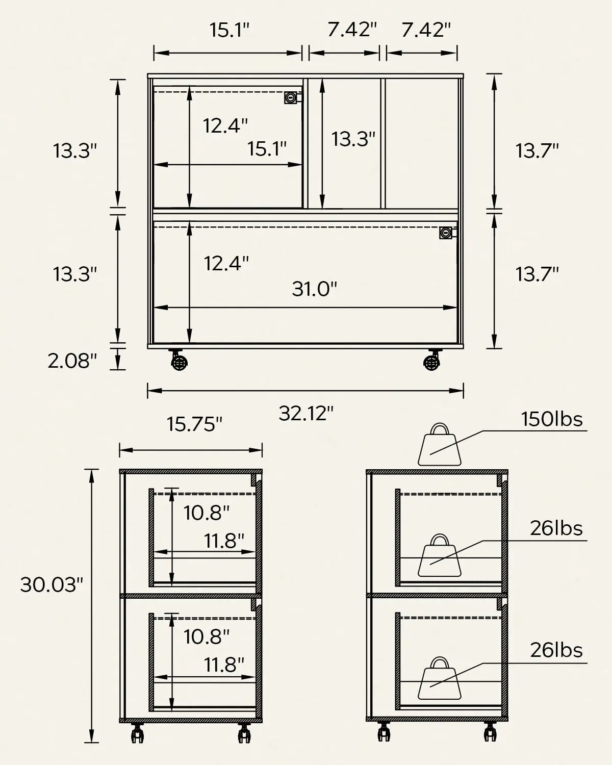 2-Drawer Mobile Wood Lateral File Cabinet with Open Shelves, A4 & Letter Size Storage, Printer Stand for Home Office, Customized