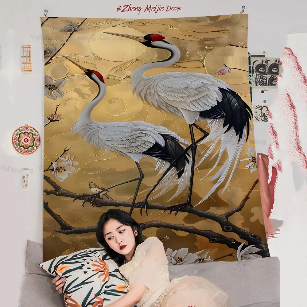 Red-crowned Crane Colorful Tapestry Wall Hanging Hippie Flower Wall Carpets Dorm Decor Japanese Tapestry