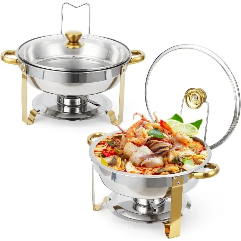 Stainless Steel Food Warmer Chafing Dish Set With Alcohol-Fueled Heating And Clear Glass Lid For Buffet Table Display