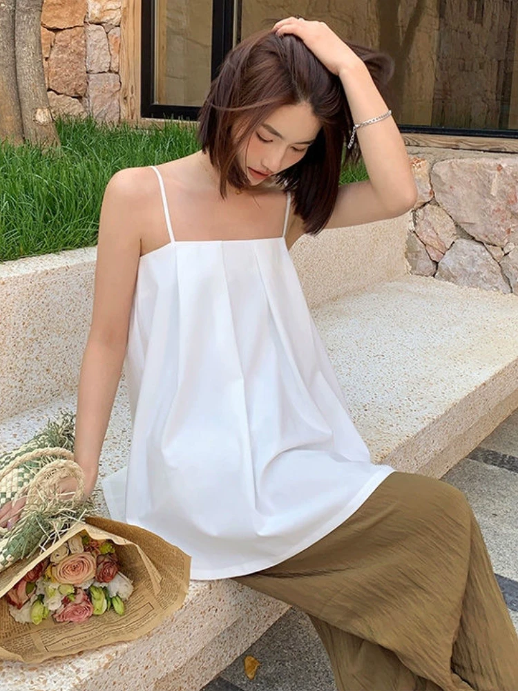 Long Camisole for Women Elegant Office Lady Minimalist Chic Korean Style Loose Sexy Summer Fashion Vintage All-match Streetwear