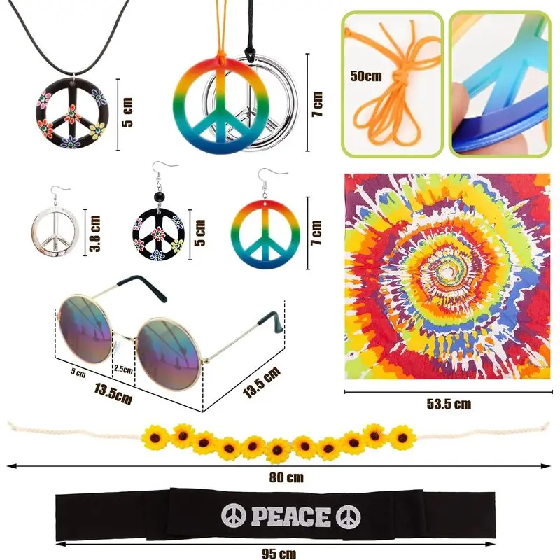 Hippie Costume Set Women Men 12 Pieces Hippie Accessories 70s Clothing Hippie Clothing Accessories with Hippie Glasses Headband 