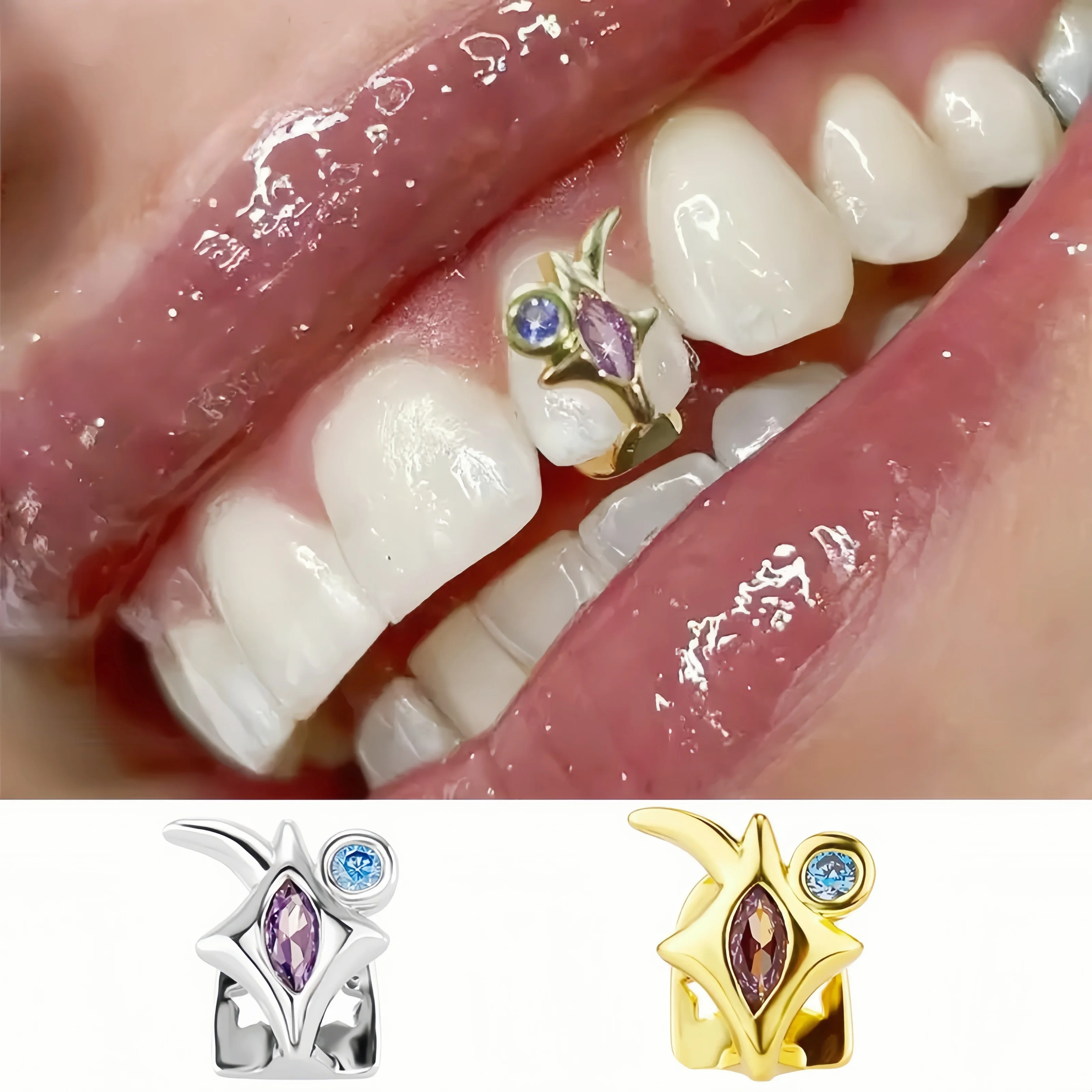 Y2K Punk Purple Zircon Star Teeth Grillz Single Blue CZ Stone Tooth Caps Unisex Vintage Dental Grills Jewelry for Women Men