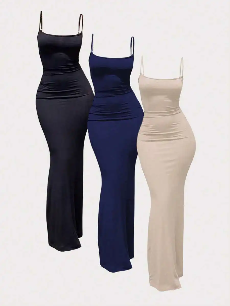 

3-Pack Women's Slim Fit Spaghetti Strap Maxi Dress - Black, Navy, Beige