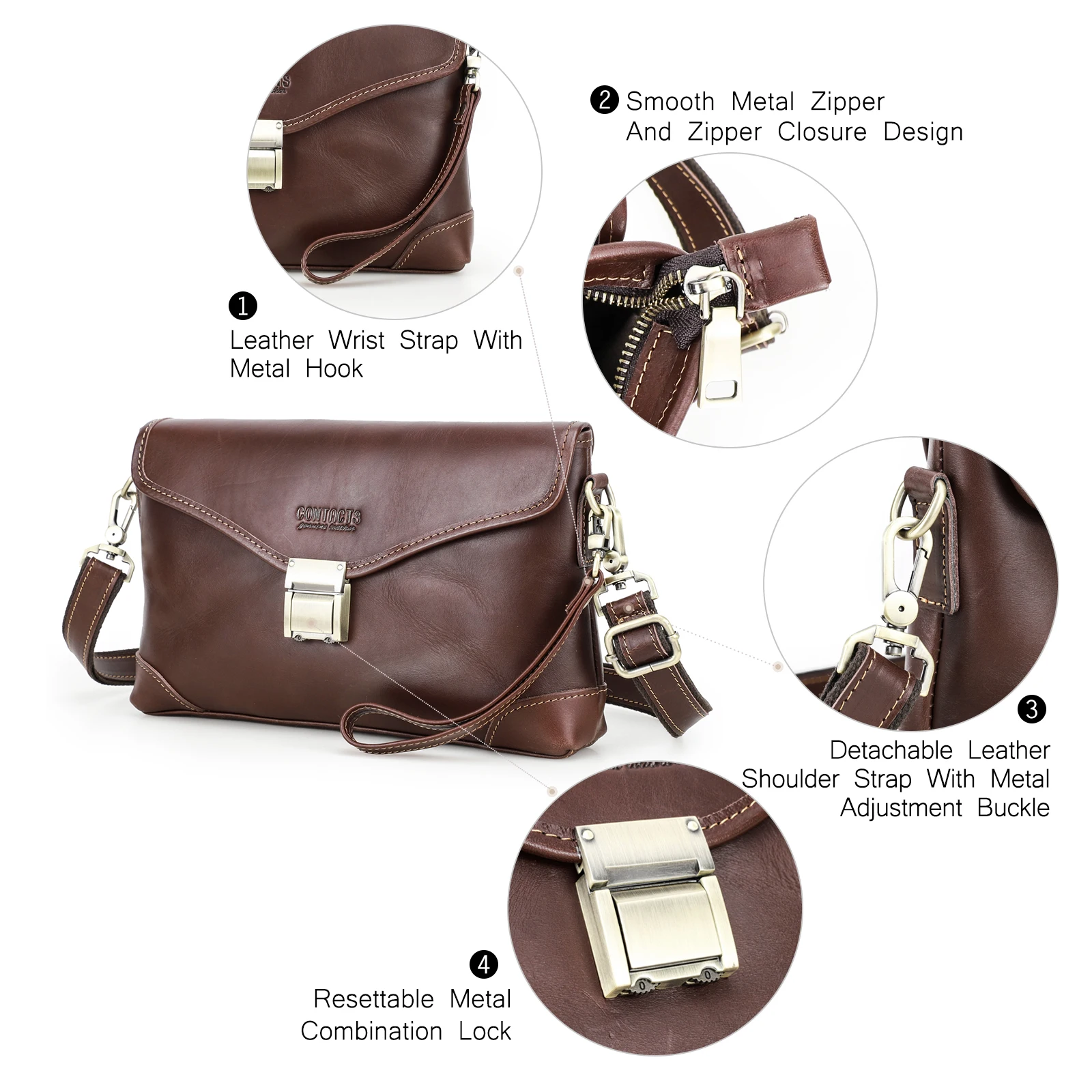 CONTACT\'S Genuine Leather Men Small Messenger Bag Password Lock Design Vintage Shoulder Sling Phone Bag Male Clutch Handbag