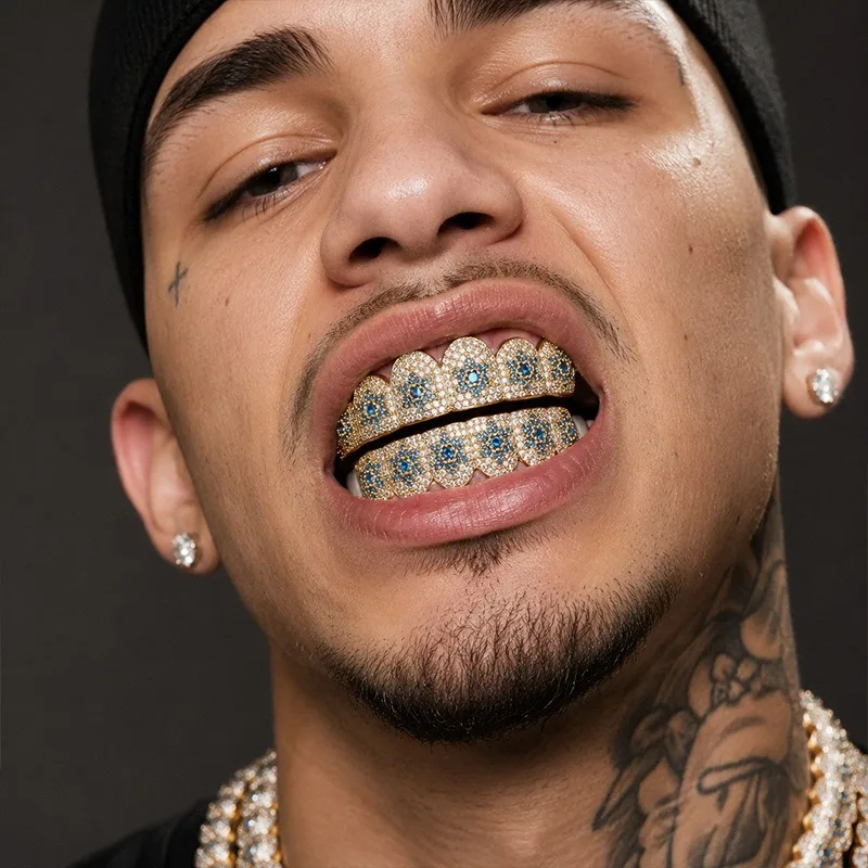 Hip Hop Iced Out Teeth Grillz, Blue Zirconia Six Tooth Star Grills, Gold Plated Copper Micro Pave Cubic Zircon Tooth Caps