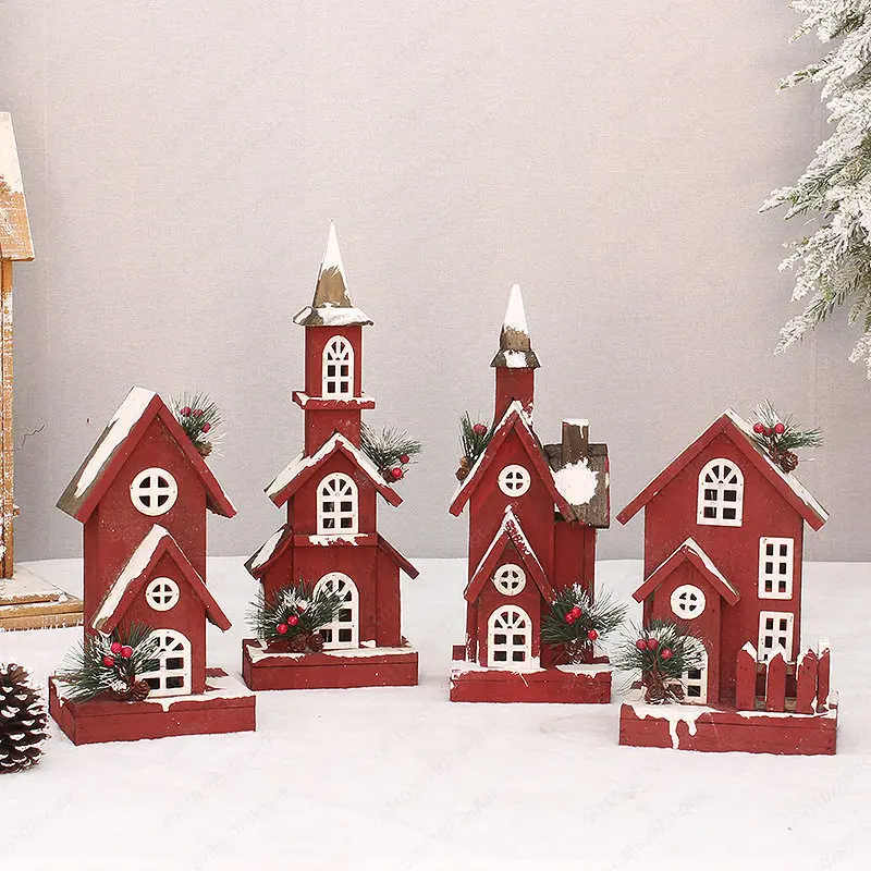 Christmas Day New Wooden Fir Red Glowing Cabin Snow House Decoration Supplies Scene Ornament
