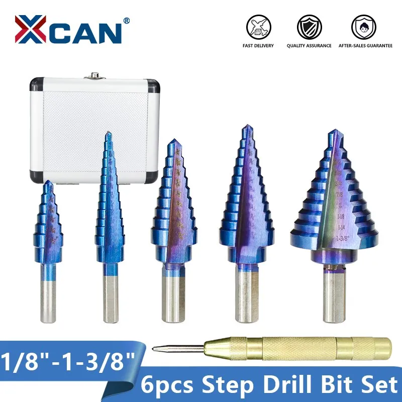 XCAN Step Drill Bit 5pcs/6pcs 1/8''-1-3/8'' Cone Drill Bit Nano Blue Coated Core Hole Cutter Wood Metal Drilling Tool