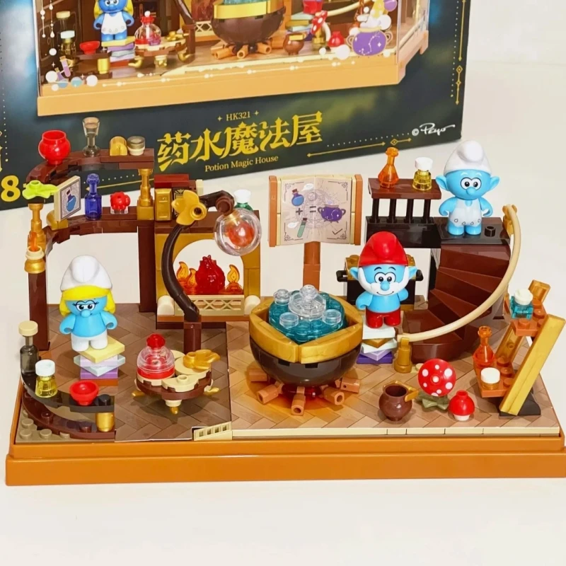 JAKI Building Blocks The Smurfs Assembled Potion House Painting House Model Educational Toy Desktop Ornaments Collection Gift