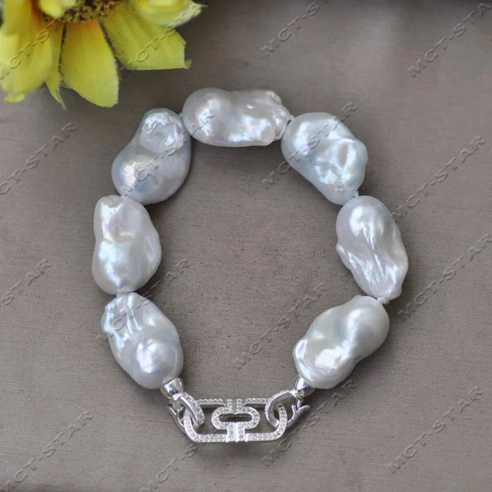 

MCT·STAR 8'' 24mm White Baroque Keshi Reborn Pearl Bracelet CZ (Z14444)