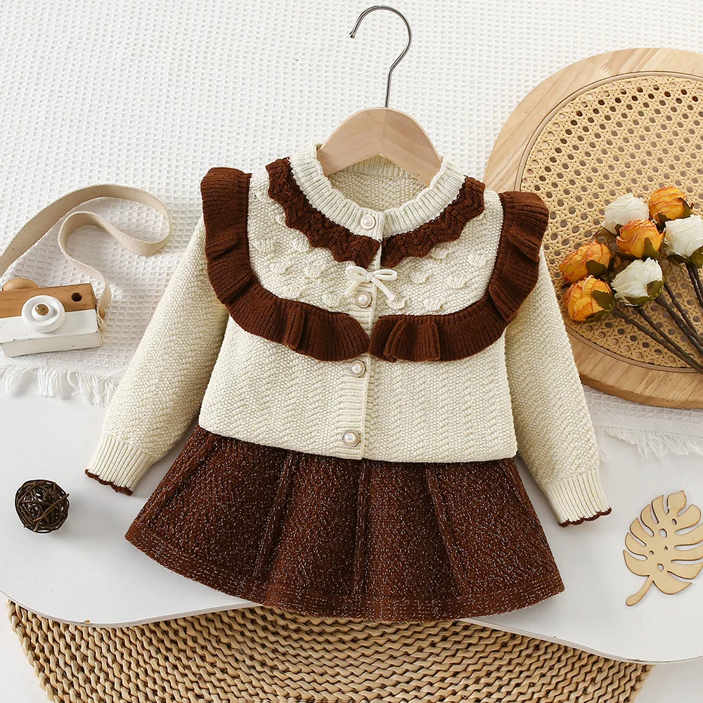 Children's Knitted Sweater Set Autumn/Winter Arrival Gold-threaded Petal-patterned op Knit Dress  Chic Ruffled Collar Sweater