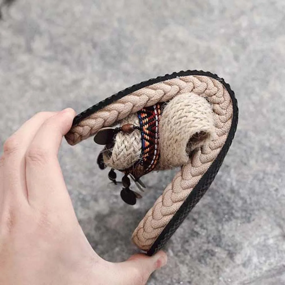 Retro Klapki z Słomki z Frędzlami Imitacja Muszli Etniczne Kapcie Antypoślizgowe w Stylu Bohemy Lniane Klapki na Plażę