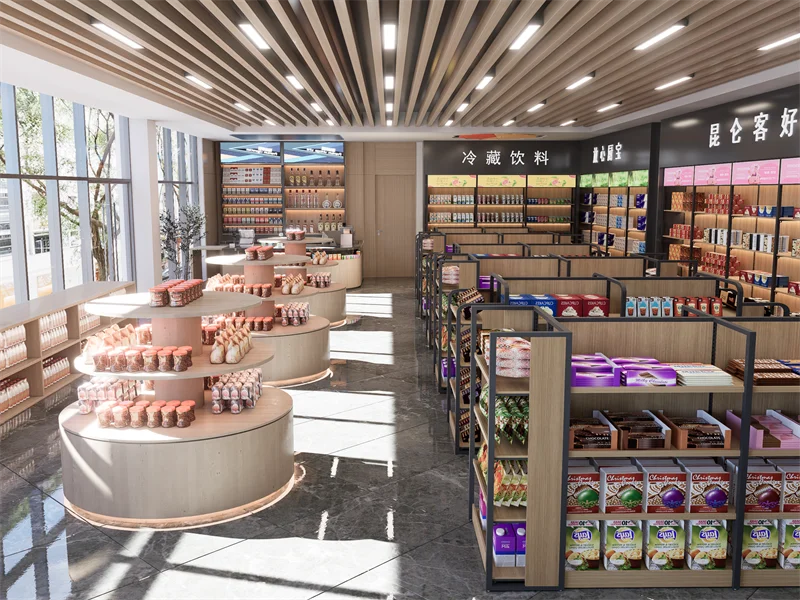 Rak Display Toko Ritel Baja Kayu Supermarket Multi Lapisan Kustom Rak Rak Makanan Ringan Toko Kelontong