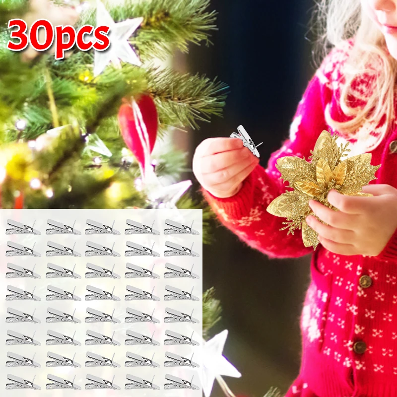 30Pcs/lot Christmas Flower Clip Mini Metal Wreath Flower Clips for Christmas Tree Ornament Decoration 2024 New Year Navidad Noel