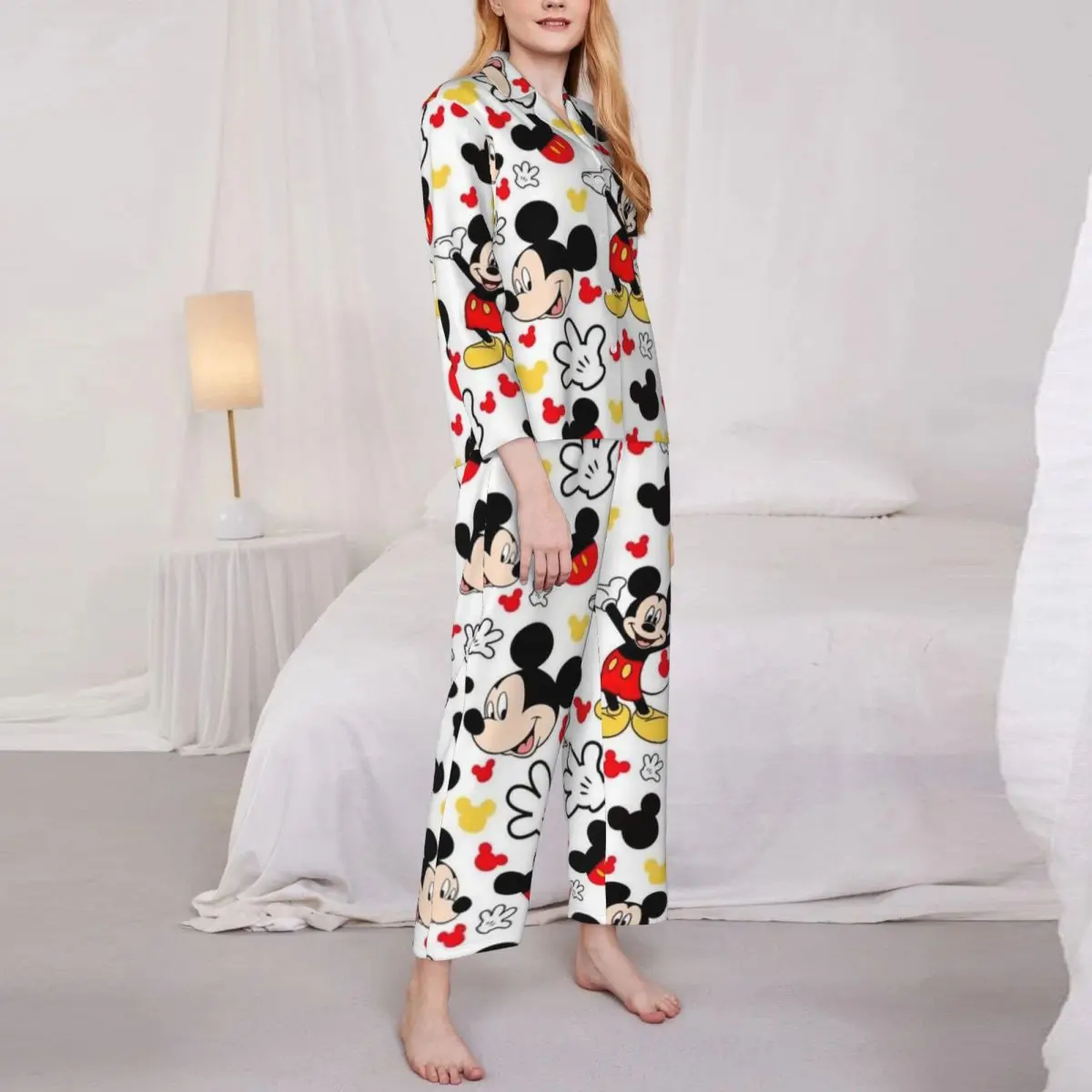 Disney Mickey Mouse Women\'s Pajamas Set Button Down Pajama 2 Piece Suit Pyjama Femme Nightwear Loungewear