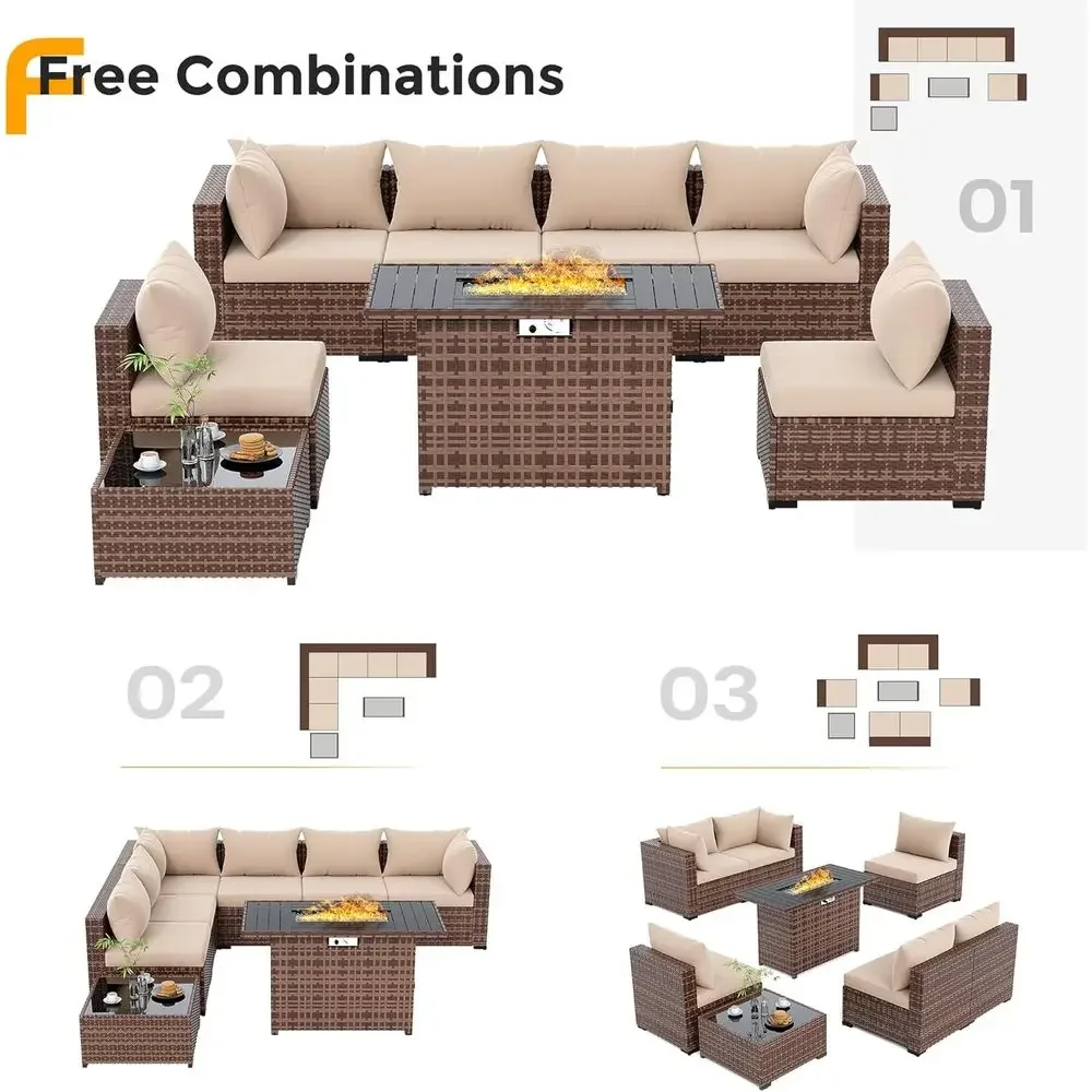 8-Piece Outdoor Sectional Sofa Set with Fire Pit Table, All-Weather Wicker, Khaki
