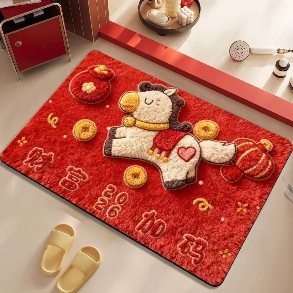 พรมเช็ดเท้าลายม้า ทอเนื้อผ้าพิเศษ ซึมซับน้ำเร็ว ลายการ์ตูน ปีใหม่ 2026 กันลื่น ใช้งานสะดวก นุ่มสบาย พรมเช็ดเท้าลายม้า ปีใหม่จีน