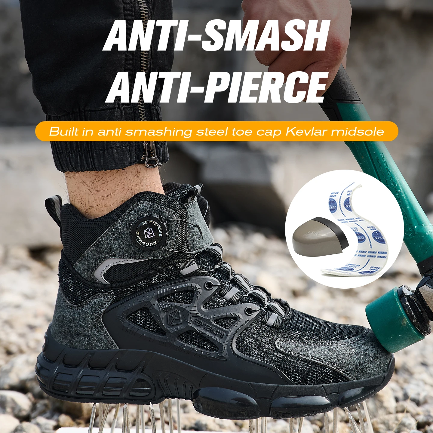 Rotating Button Men's Safety Shoes Anti Puncture Work Men's Steel Toe Black Safety Boots Indestructible Work Shoes Safety Shoes
