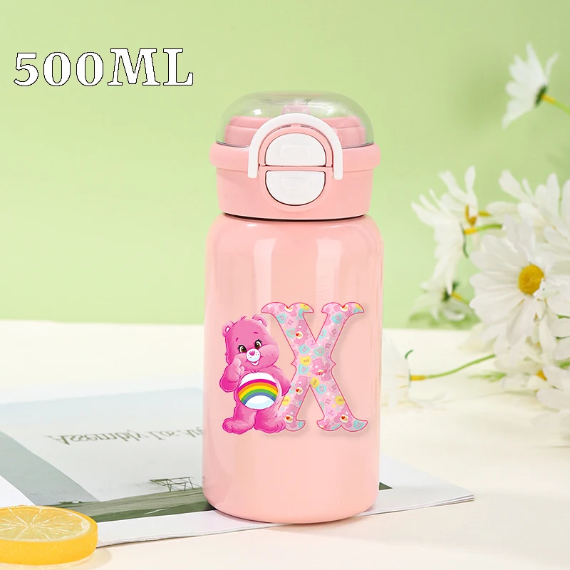 Care Bears Isolier-Wasserflasche, Kawaii Anime, 26 Buchstaben, bedruckt, Wasserbecher, tragbar, auslaufsicher, Sportflaschen, Trinkbecher, Geschenk