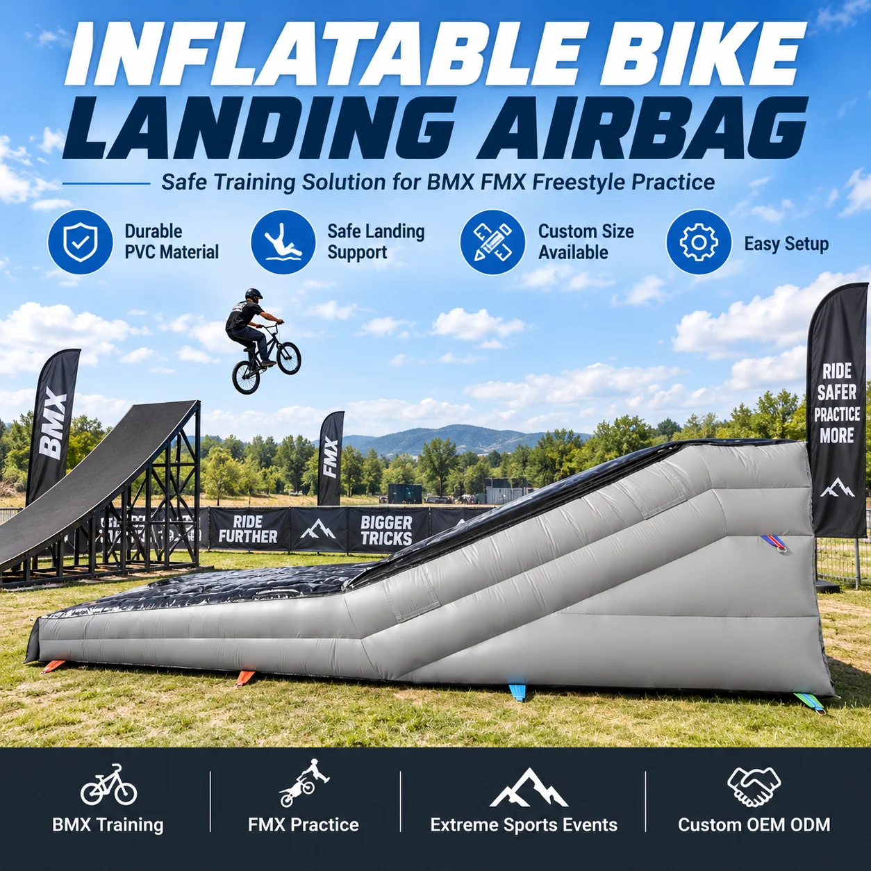 Airbag Bike Stunt, Freestyle BMX Inflatable Jump Airbag, 6m x 3m x 1.2m, for BMX FMX Landing, Professional Training Safety