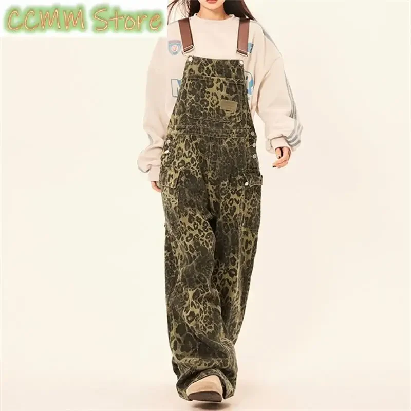 Women's Leopard Print Pattern Vintage Suspender Jumpsuit Wide Leg Pants Streetwear Rompers Female Retro Casual Straight Trouser