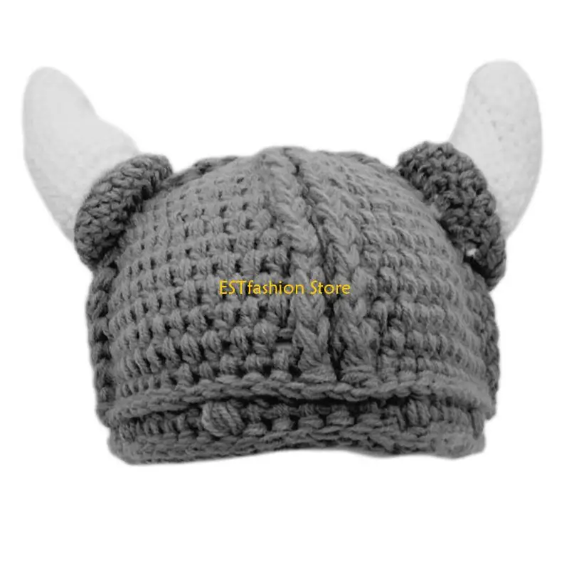 Y5GC Adult Kids Handmade Crochet Knit Beanie Cap Funny Horns Viking Winter Skull Cap