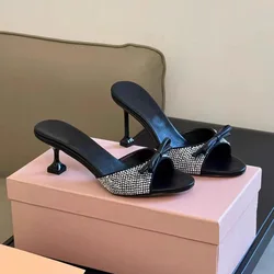 2025 Summer New Black Round Headed Open Toed High Heels Butterfly Knot Water Diamond Strap Sandals for Women's Outerwear