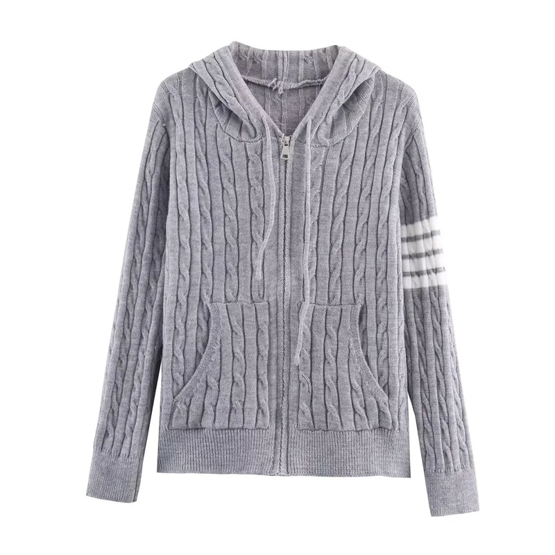 Cardigan tricoté à fleurs torsadées pour femme, pull à manches longues, cordon de serrage, capuche, fermeture éclair, Streetwear, manteau mignon