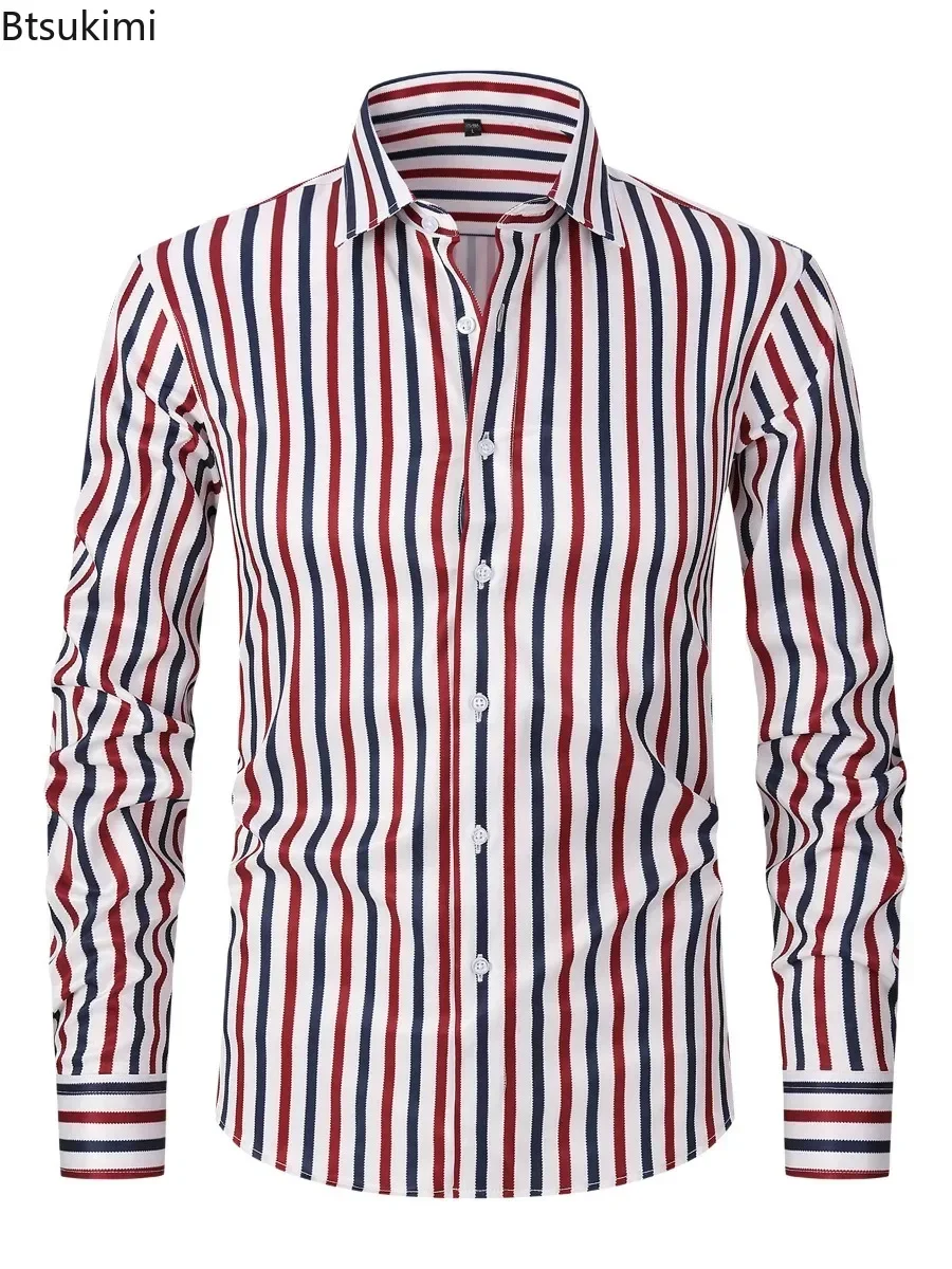 2026 Classic Striped Men Dress Shirts Fashion Single-breasted Long Sleeve Lapel Shirt Tops Business Casual Social Shirts for Men