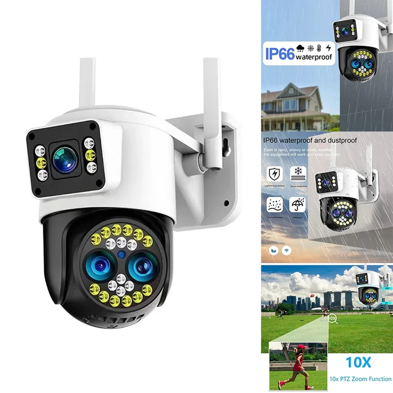 Security Camera Outdoor,Wifi 4K 8MP Two Lens Two Screen Outdoor Wireless Camera 10X Zoom Two Way Audio Detection EU Plug Durable