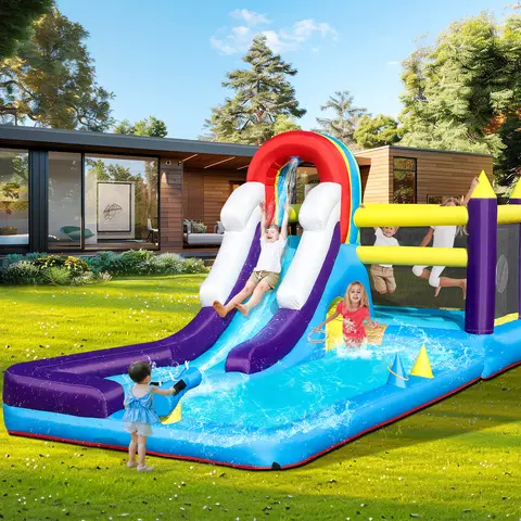 3-in-1 Inflatable Water Slide Bounce House Combo with Splash Pool, Dual Lane Rainbow Slide & Jumping Castle, Heavy-Duty Outdoor Water Park w/ Ring Toss Game & Blower for Backyard Party