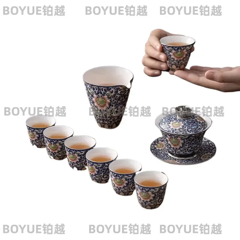 Dujing Mountain House Huang Xudong Gold Award Work Handmade Silk Silver Color Kung Fu Tea Set Silk Enamel Color Tea Set