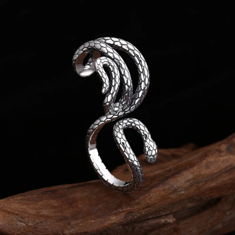 BOCAI New S925 Sterling Silver Ring Retro Trendy Personality Snake Open-end Ring Men's and Women's Gift