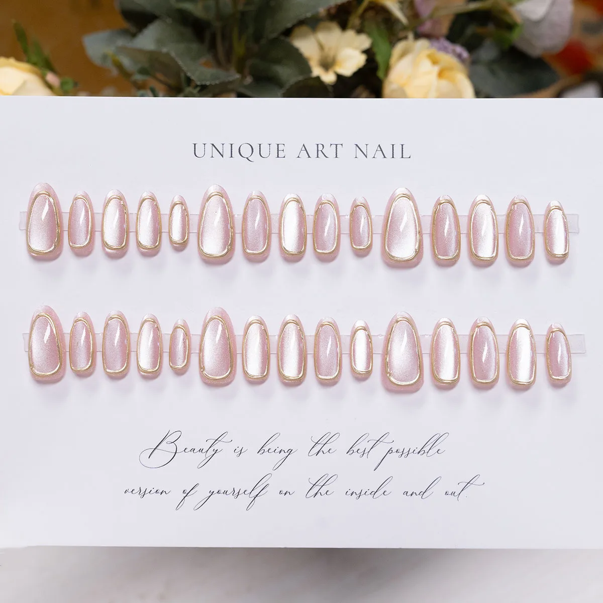 24/30pcs/set 3D fake nails for women glossy shimmer cat eyes almond nail tips with golden gilding frame press on false nail art