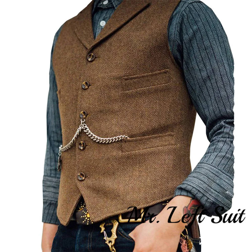 Mens Suit Vest Waistcoat Tweed Retro V Neck Wool Herringbone for Prom