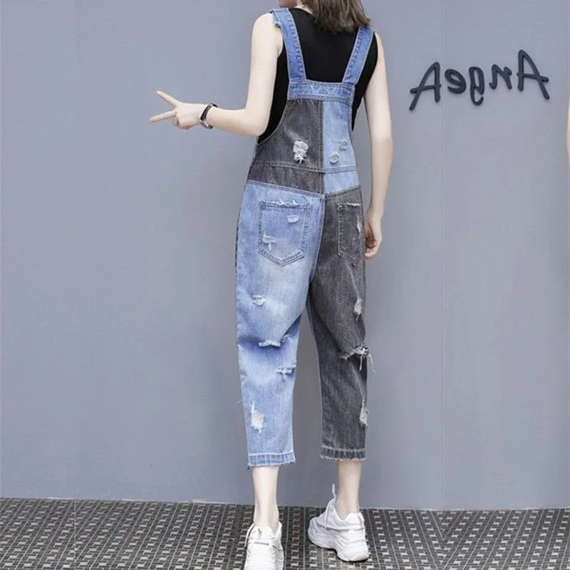 Spring Summer Dungarees 2024 New Hole Pocket Denim Overalls Women Splicing Bibs Loose Pants Fashion Wide Legs Jumpsuits Female