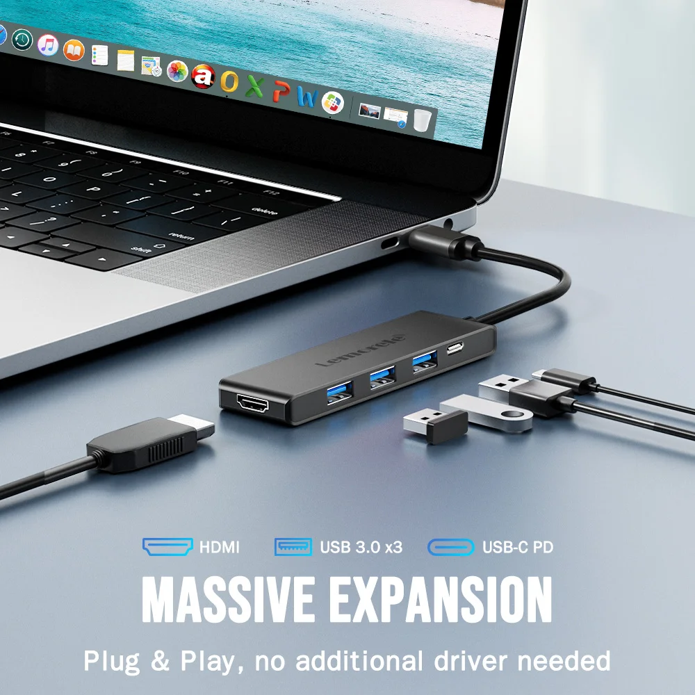 Lemorele 5-in-1 USB C HUB Docking Station with 4K@30Hz Video Output, 100W PD, USB-C&USB-A 3.0 Ports for MacBook, Windows Laptop