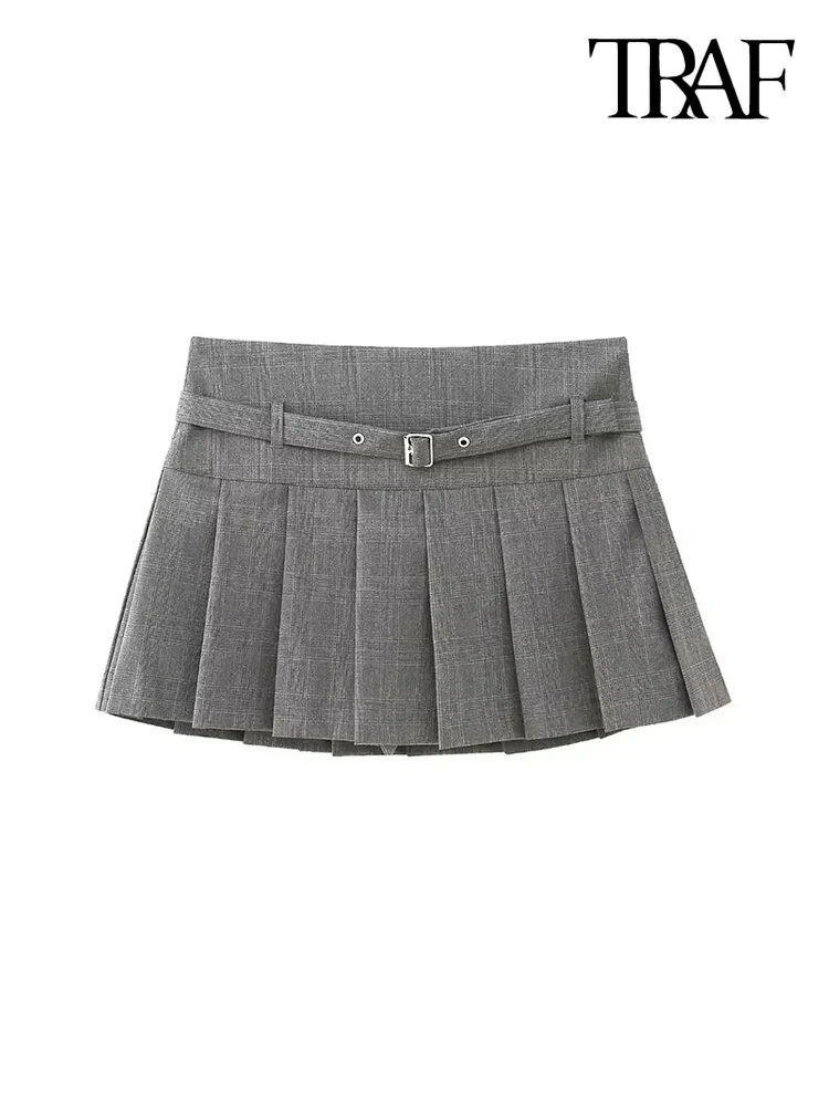 TRAF-Pleated Shorts Skirts dla kobiet, z paskiem, boczny zamek błyskawiczny, średnio wysoka talia, kobiece spodenki, moda