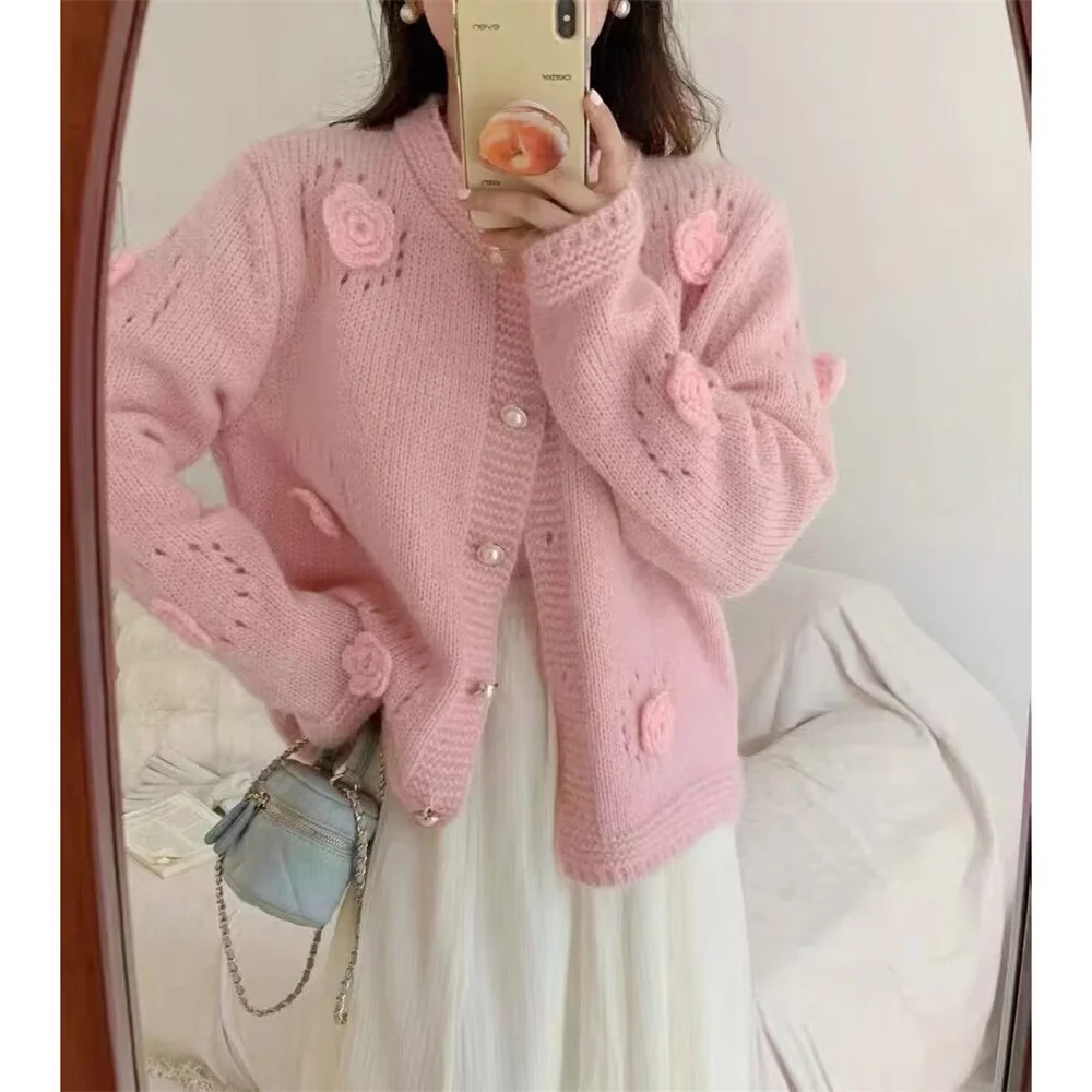 

2026 женский осенне-зимний свитер на пуговицах с цветами, вязаный кардиган с длинными рукавами и круглым вырезом, свитера, пальто, осенняя одежда, топы