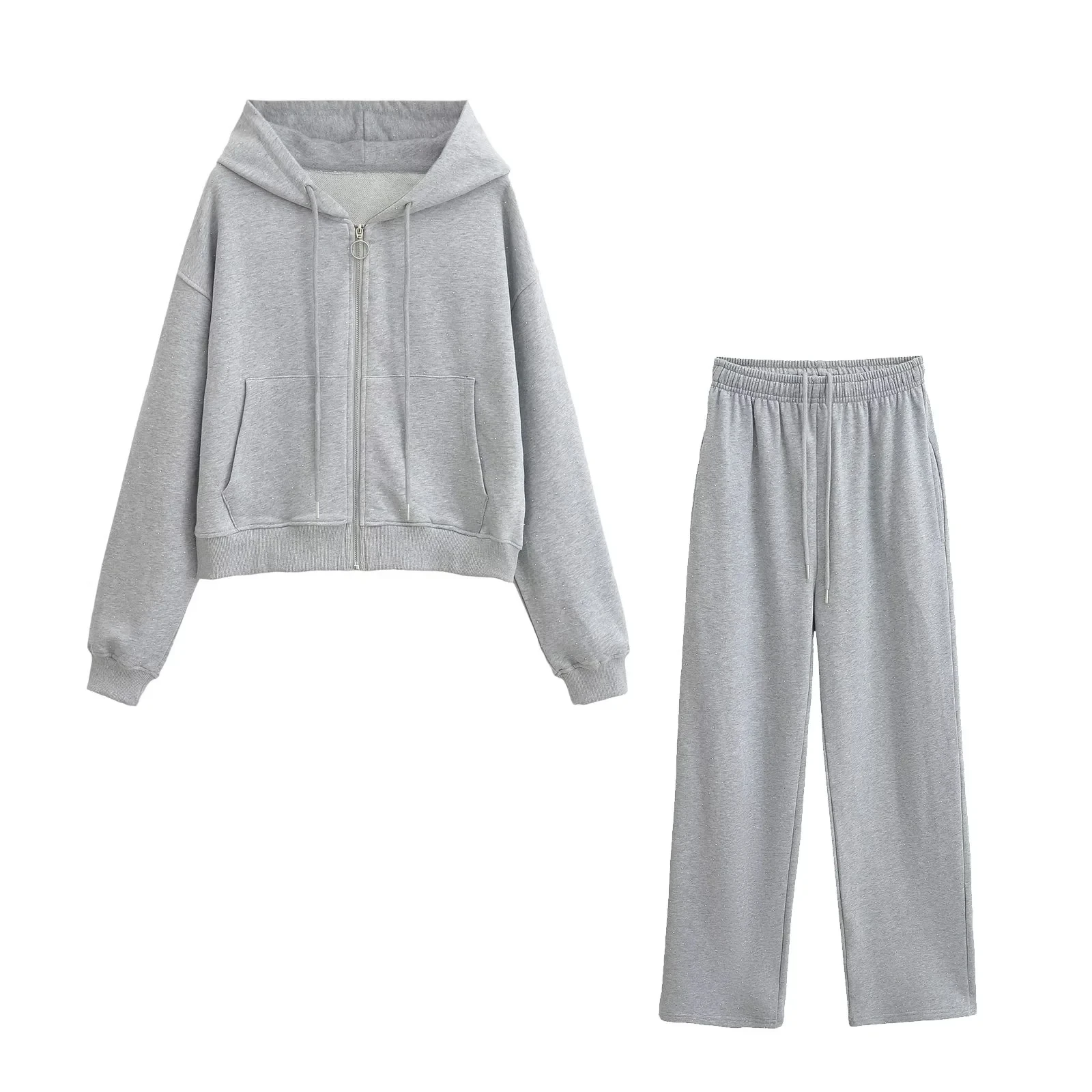 เสื้อฮู้ดทรงหลวมสีเงิน ลายพิมพ์ด้วยความร้อน กางเกงขายาวลำลองเอวยางยืดผูกเชือก เอวสูง สไตล์สบายๆ