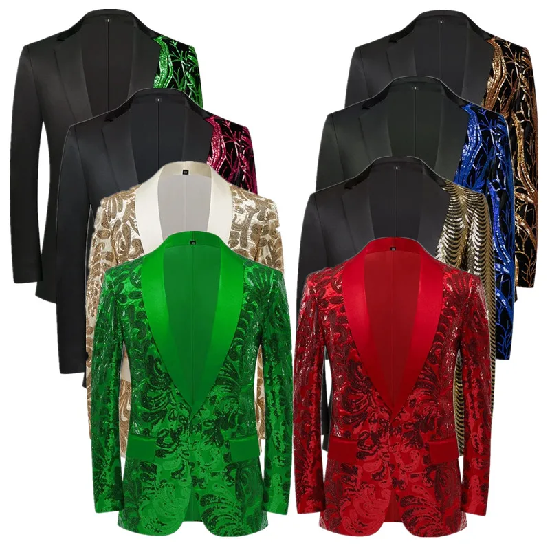 2024 New Men Luxury Sequin Suit One Buckle Jacket Red / Gold / Silver Fashion Male Wedding Party Blazer Singer Trend Coats