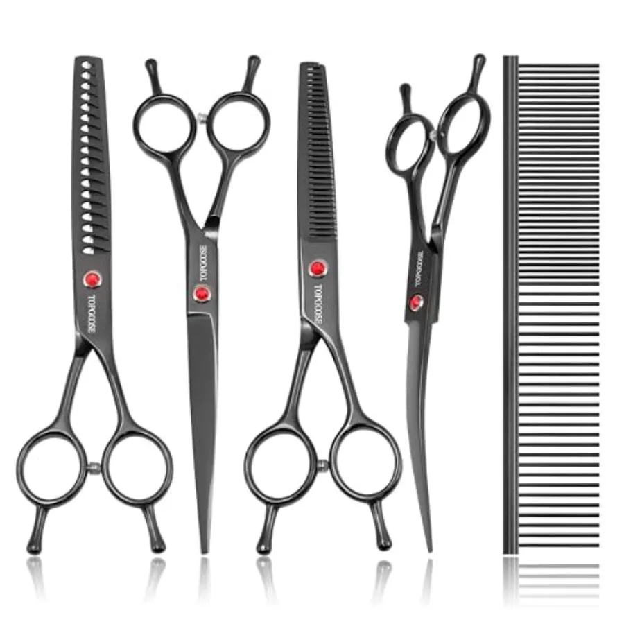 

Dog Grooming Scissors Kit Professional 6 in 1 Pet Scissors Sharp Shears Set - Straight Thinning Chunker Curved Shears and Comb