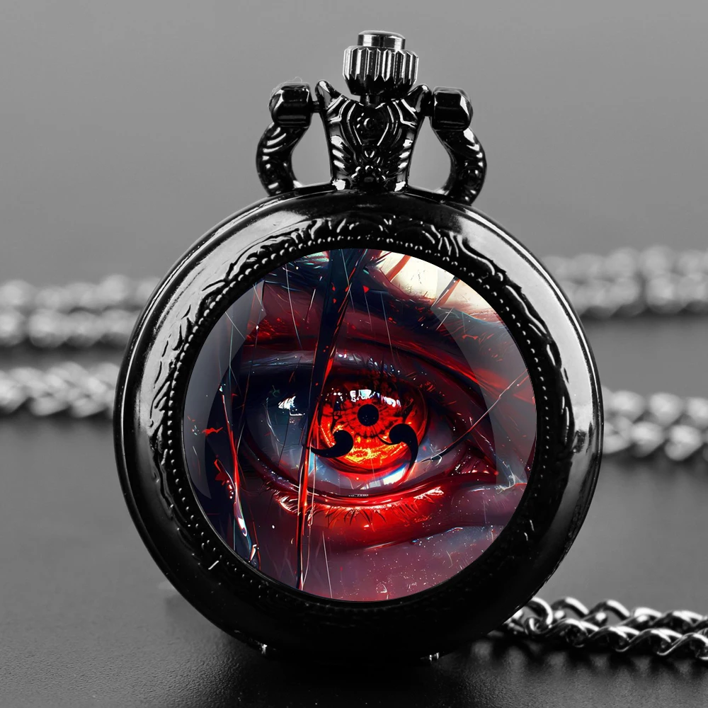 

The Bloodeye Design Glass Dome Black Quartz Pocket Watch With Durable Chain Arabic Numeral Dial For Men And Women Creative Gifts