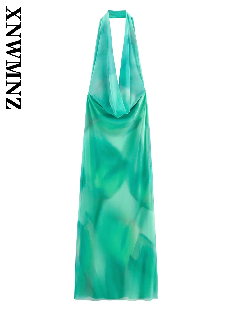 XNWMNZ 2025 Summer Woman Fashion boho Sleeveless Shoulder Backless Tulle long Dresses Sexy Chic Lady Halter Holiday Print Dress