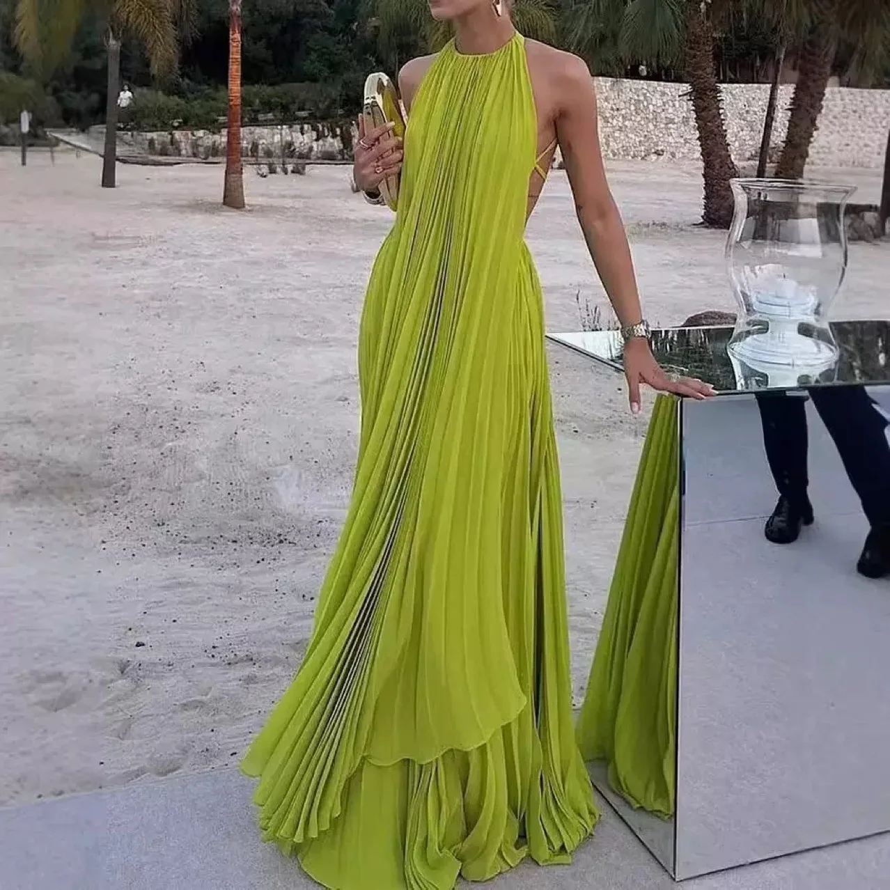

Women's new cross-border solid color round neck sleeveless sexy backless beach long dress for women