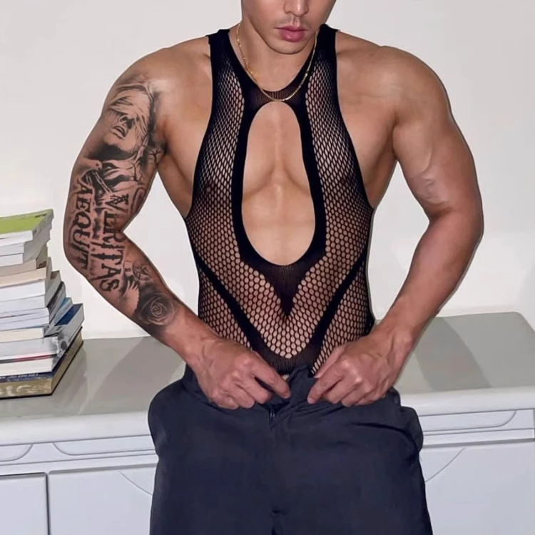 2024 Cool Gentlemen Sleepwear Men\'s Bodystockings Erotic Bodysuits Sexy Pantyhose Male Lingerie Husband Black Fishnet Pajamas