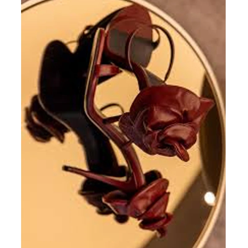 

Brown Round Toe Stiletto Rose Heel Open Toe Sandals Woman Summer 2025 Thin Strap Slip-On Slippers High Heel Shoes for Women